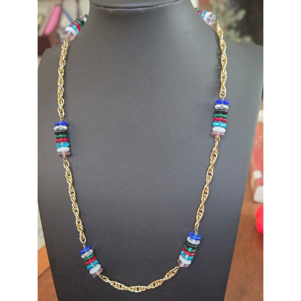 Multicolored Glass Bead Goldtone Necklace Vintage Stunning!!